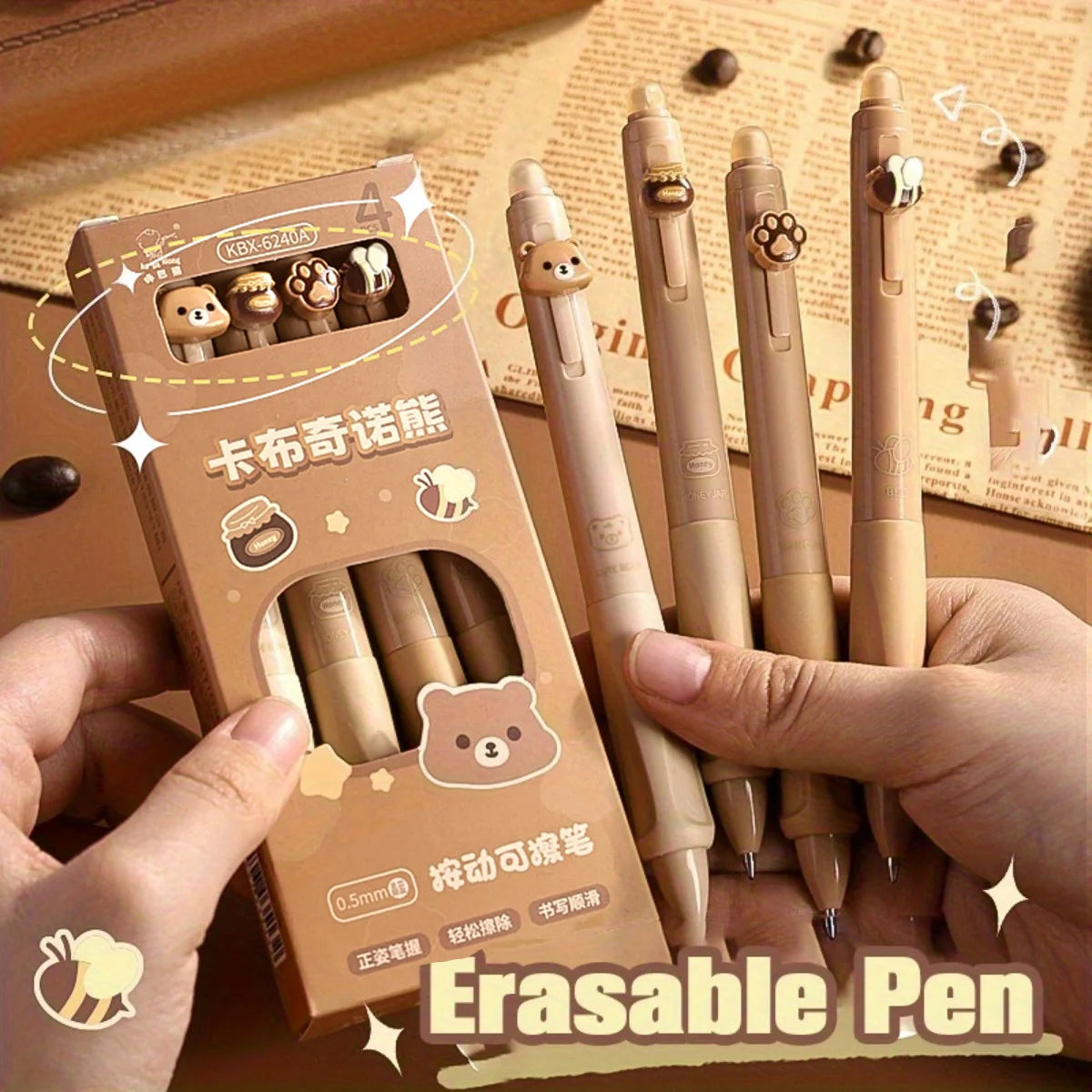 4pcs Bear Erasable Gel Pens – Cute & Reusable