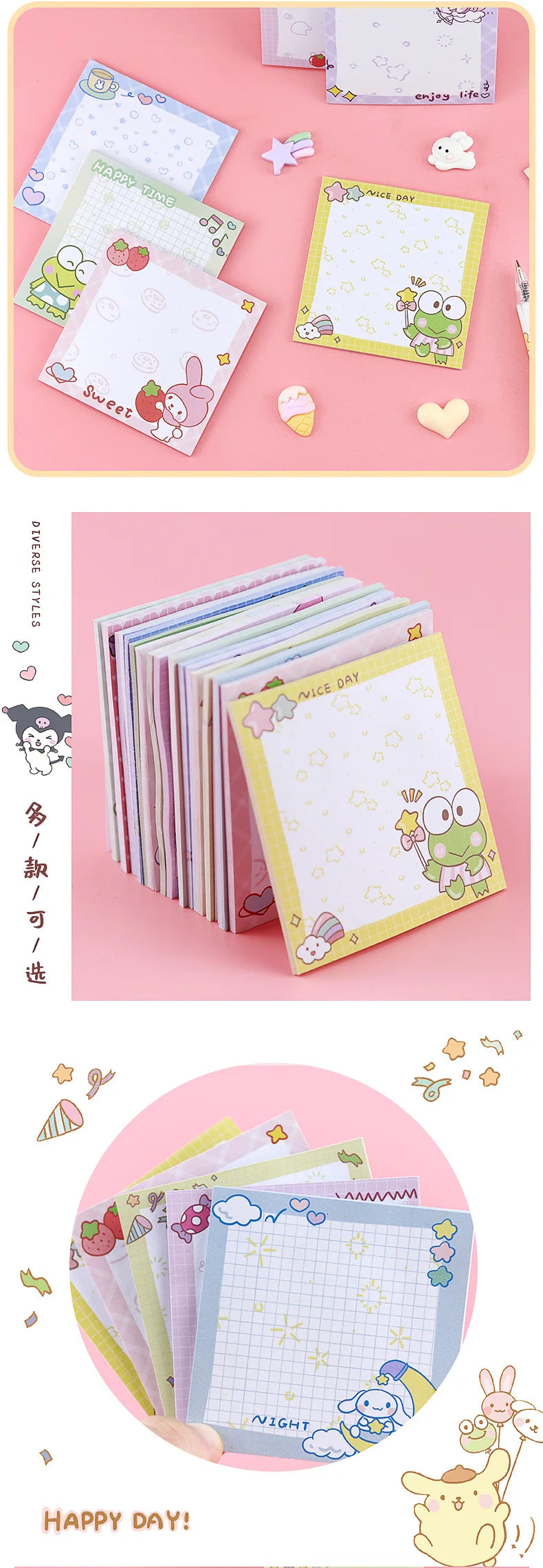 80-Sheet Sanrio Sticky Notes – Cute Characters
