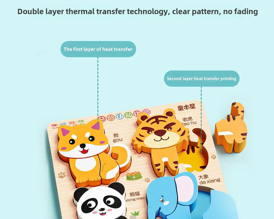 3D Wooden Animals Puzzle Toy for Kids