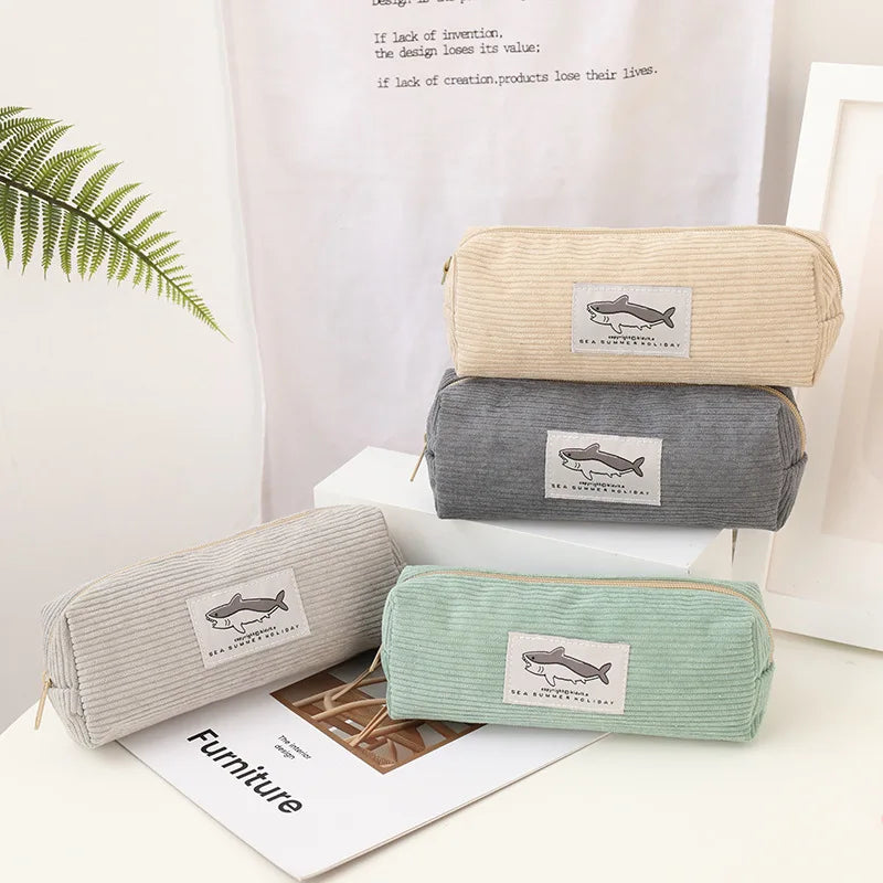 Kawaii Shark Corduroy Pencil Case – Cute & Fun